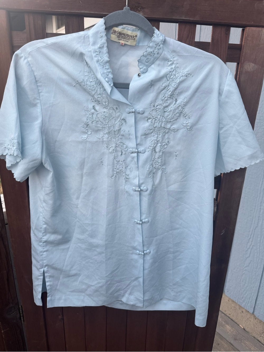 Vintage Embroidered Mandarin Collar Top - Light Blue